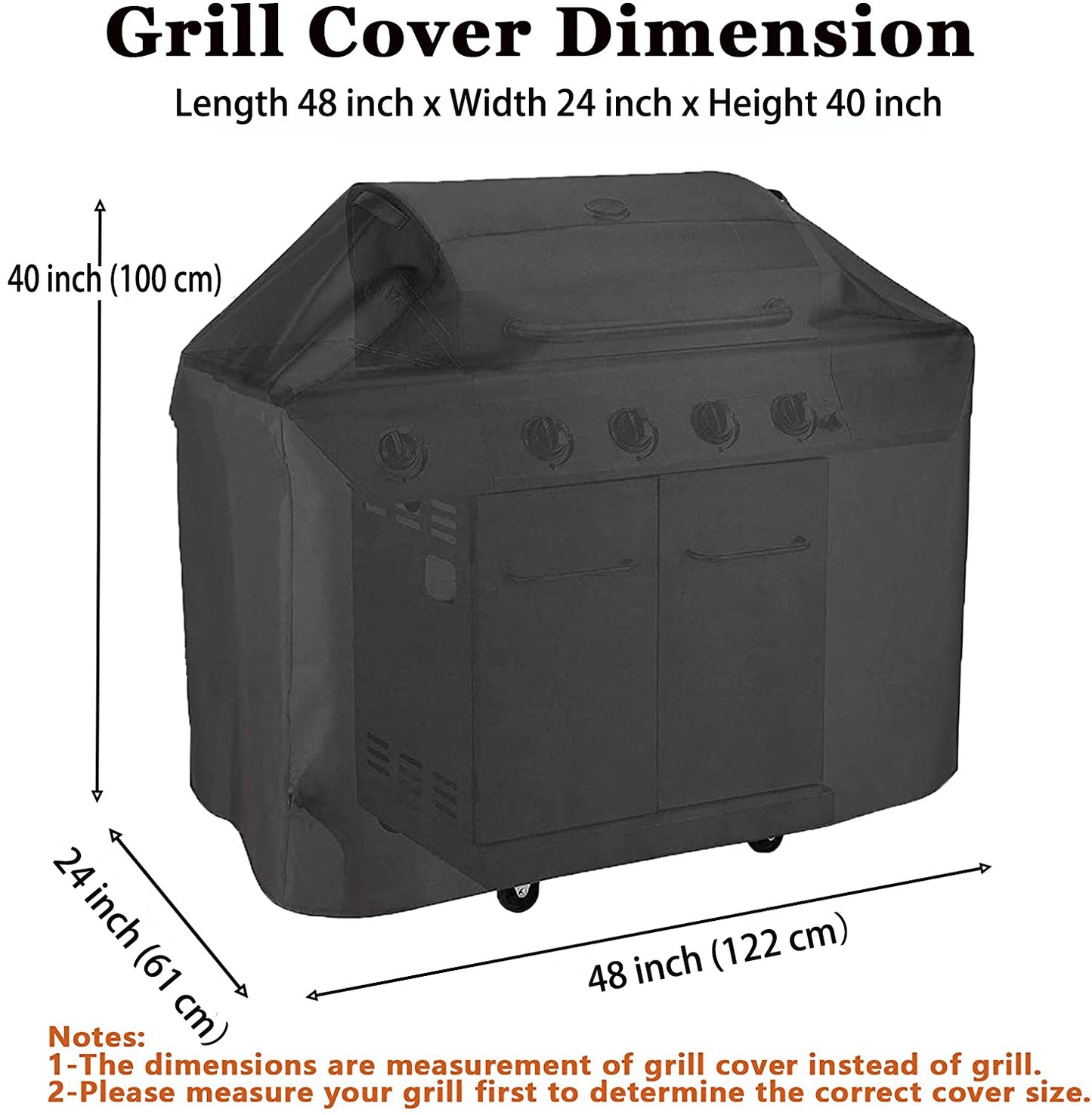 BBQ Grill Cover, 48 inch Grill Covers Heavy Duty Waterproof BBQ Cover with Storage Bag for Grills up to 48 inch Width, Rip-Proof, Durable and Convenient, 48“x 24”x 40", Black