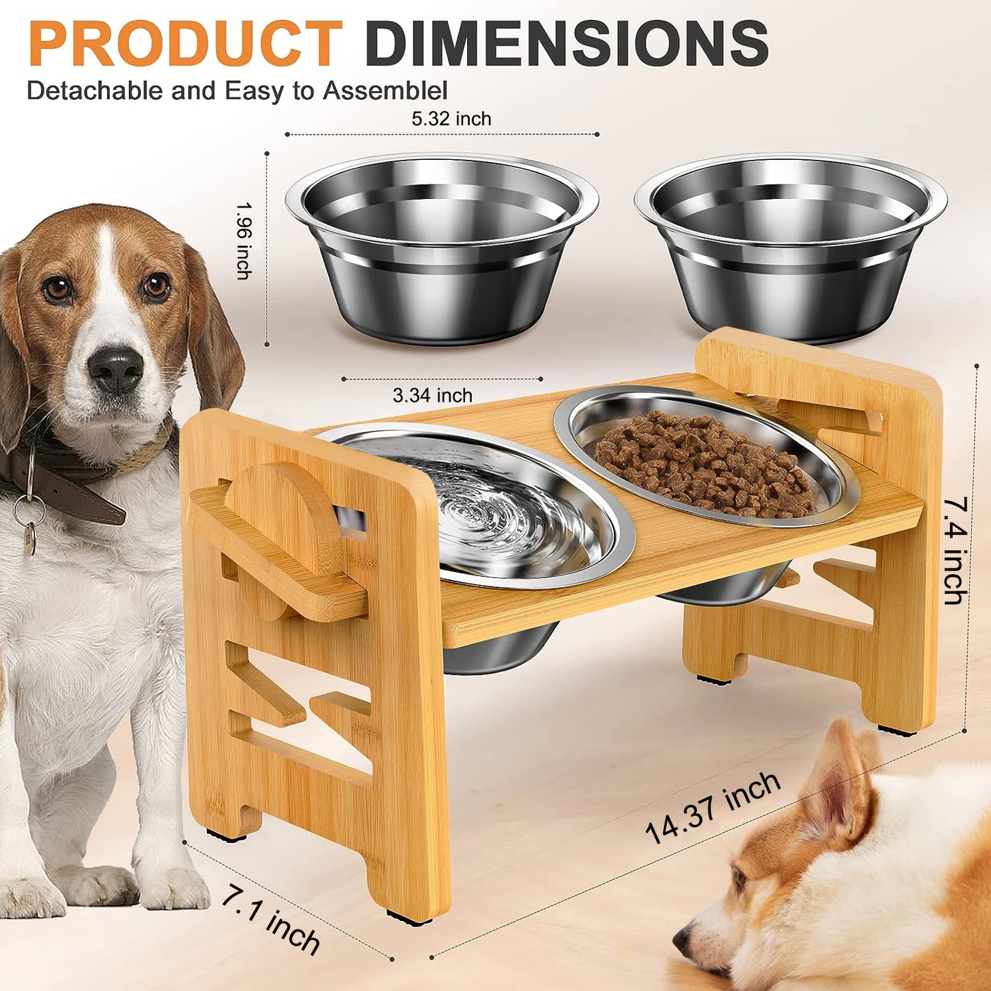 Elevated Dog Bowls for Small Dogs, Elevated Cat Bowls for Indoor Cats, Adjustable Raised Dog Bowl Stand, Raised Cat food Bowls with 2 Stainless Steel Bowls, Bamboo Dog Food Bowls with Stand