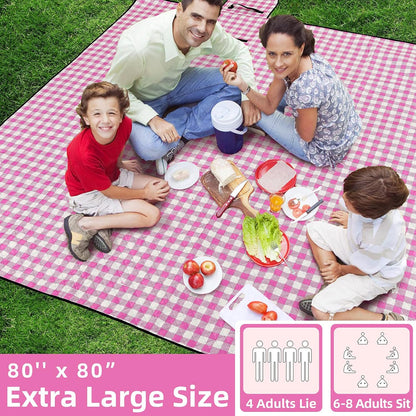 Picnic Blanket Extra Large Beach Blanket Waterproof Sandproof Beach Mat (80"x80"),0.34in Thickening Outdoor Blanket,Foldable Washable Camping Blanket,Wear-Resistant,Soft & Comfortable,Pink & White