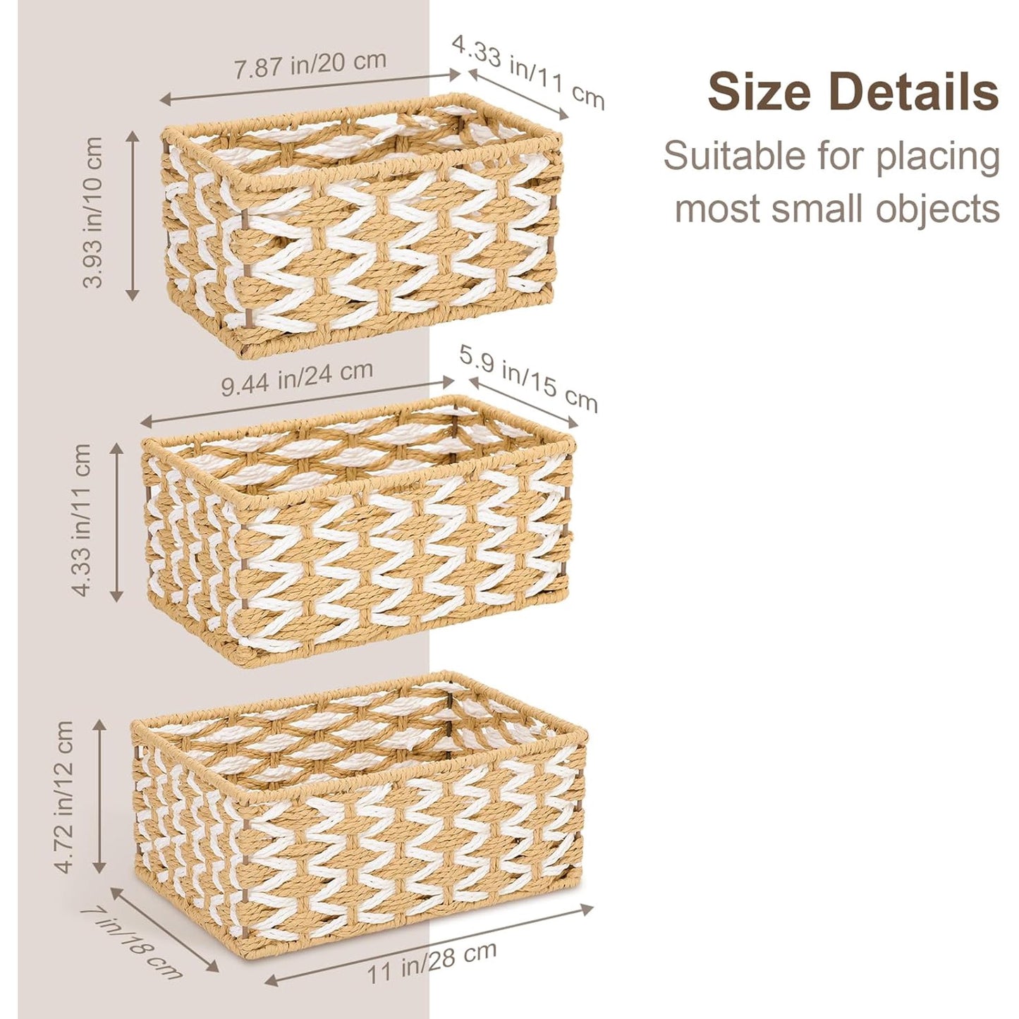 Wicker Basket Set of 3, Seagrass Storage Baskets for Shelves with Iron Wire Frame,Woven Baskets for Storage,Wicker Storage Basket for Bathroom, Bedroom, Laundry, Pantry, Shelves