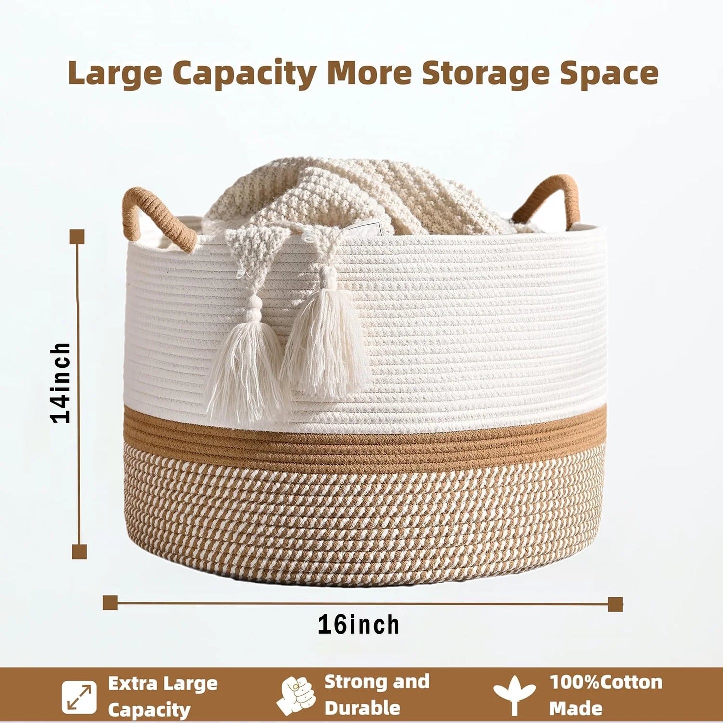 Large Laundry Basket Cotton Rope Storage Basket(16"x14"), Domaci Woven Baskets for Storage,Blanket Basket,Toy Storage Basket,Pillow Basket,Round Basket,Baby Hamper