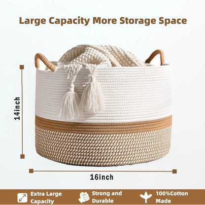 Large Laundry Basket Cotton Rope Storage Basket(16"x14"), Domaci Woven Baskets for Storage,Blanket Basket,Toy Storage Basket,Pillow Basket,Round Basket,Baby Hamper