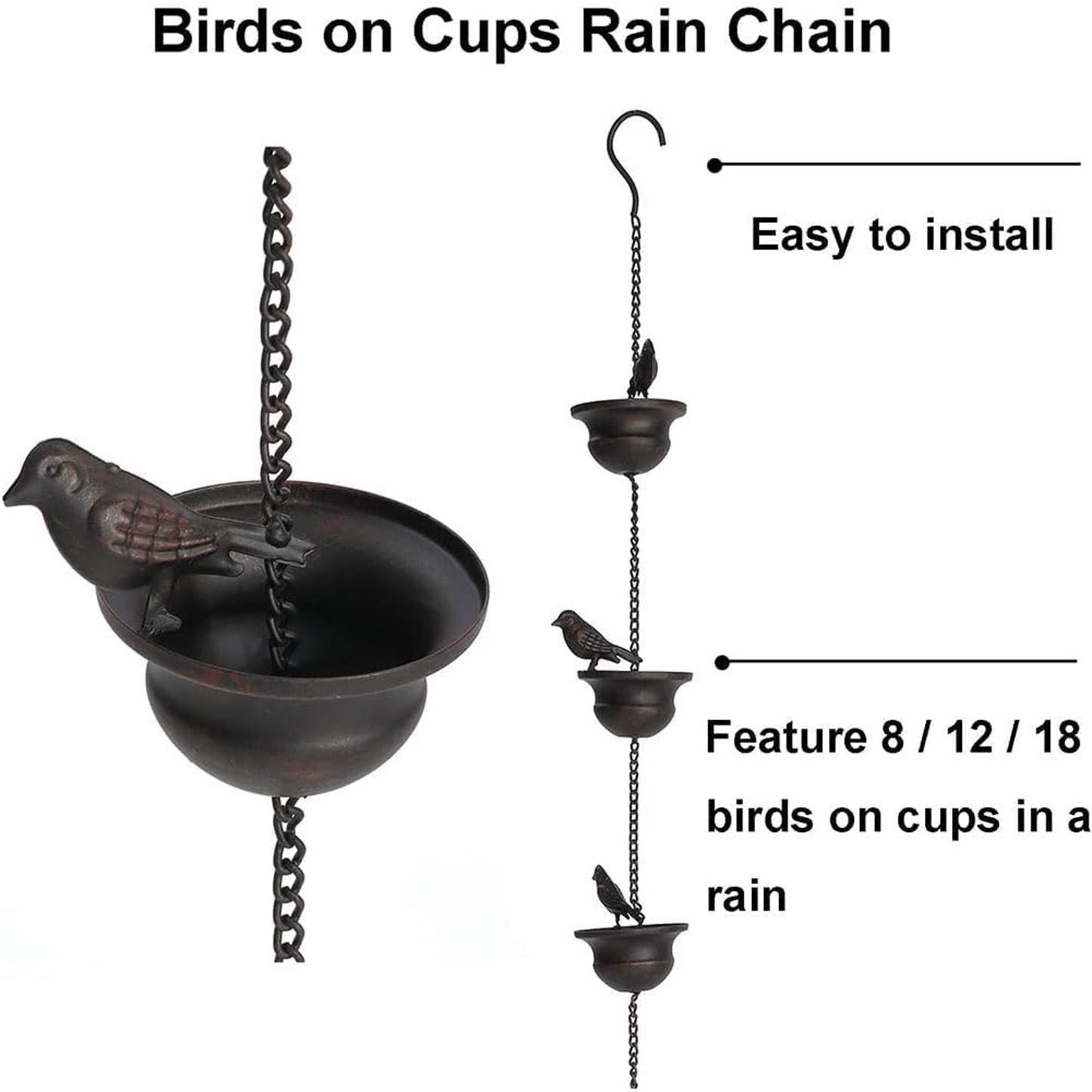 8 Feet Birds on Cup Mobile Rain Chain Mobile Bronze Decorative Bird Rain Chain Replacement Downspout Drainage Rain Chain 8 Birds Cups for Outdoor Courtyard Garden