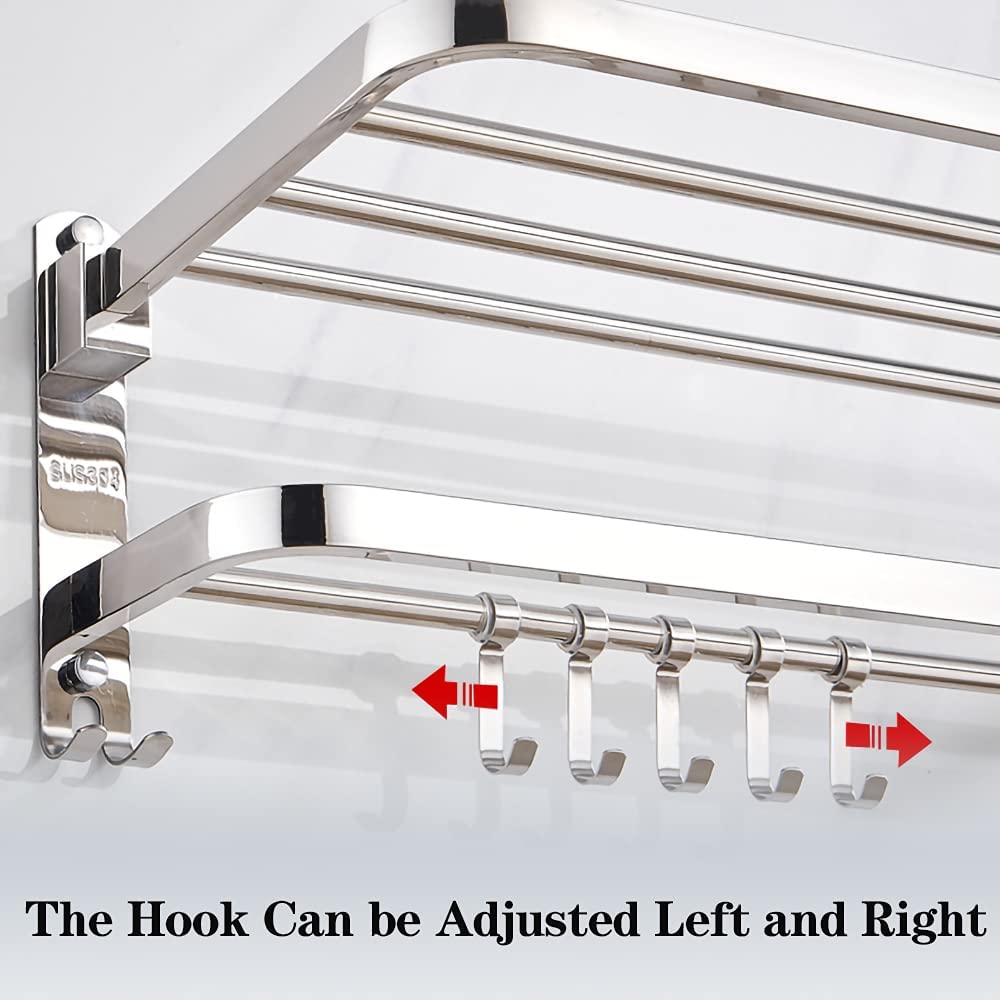 Towel Rack for Bathroom with Towel Bar,16in Bathroom Towel Holder for Bathroom Wall Mounted,Dinosam Foldable Bathroom Towel Rack with 1 Shelf 304 Stainless Towel Bar,Polished Silver