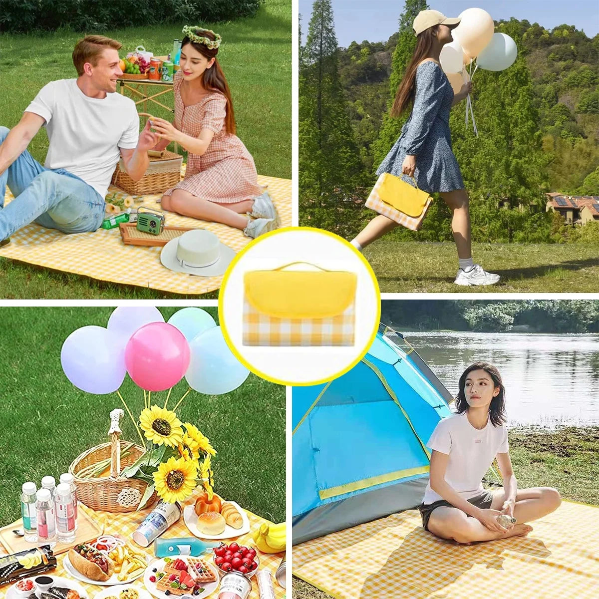 Picnic Blanket Handy Mat Tote Waterproof Sandproof Padding Portable Plaid Blanket for Lawn Park Beach Travel Yellow