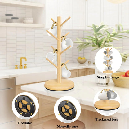Mug Holder Tree, Domaci 360° Rotated 8 Hooks Coffee Cup Holder for Counter,Wood Coffee Mug Rack Standing for Coffee Bar Accessories and Kitchen Home Organizer (Natural)