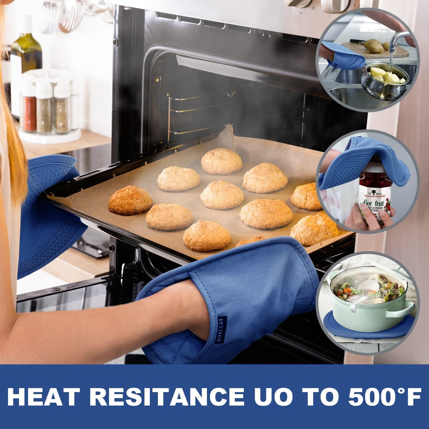 Silicone Pot Holders Sets: RORECAY Heat Resistant Oven Hot Pads with Pockets Non Slip Grip Large Potholders for Kitchen Baking Cooking | Quilted Liner | 9.8 x 7.6 Inches (RoyalBlue, 2)