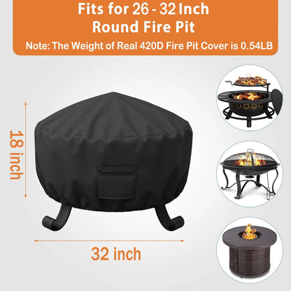 Fire Pit Cover Round for Fire Pit 26 Inch-32 Inch,420D Heavy Duty Outdoor Fire Pit Cover Full Coverage Patio Outdoor Fireplace Cover,Waterproof,Dustproof and Anti UV,32 x 18 Inch,Black