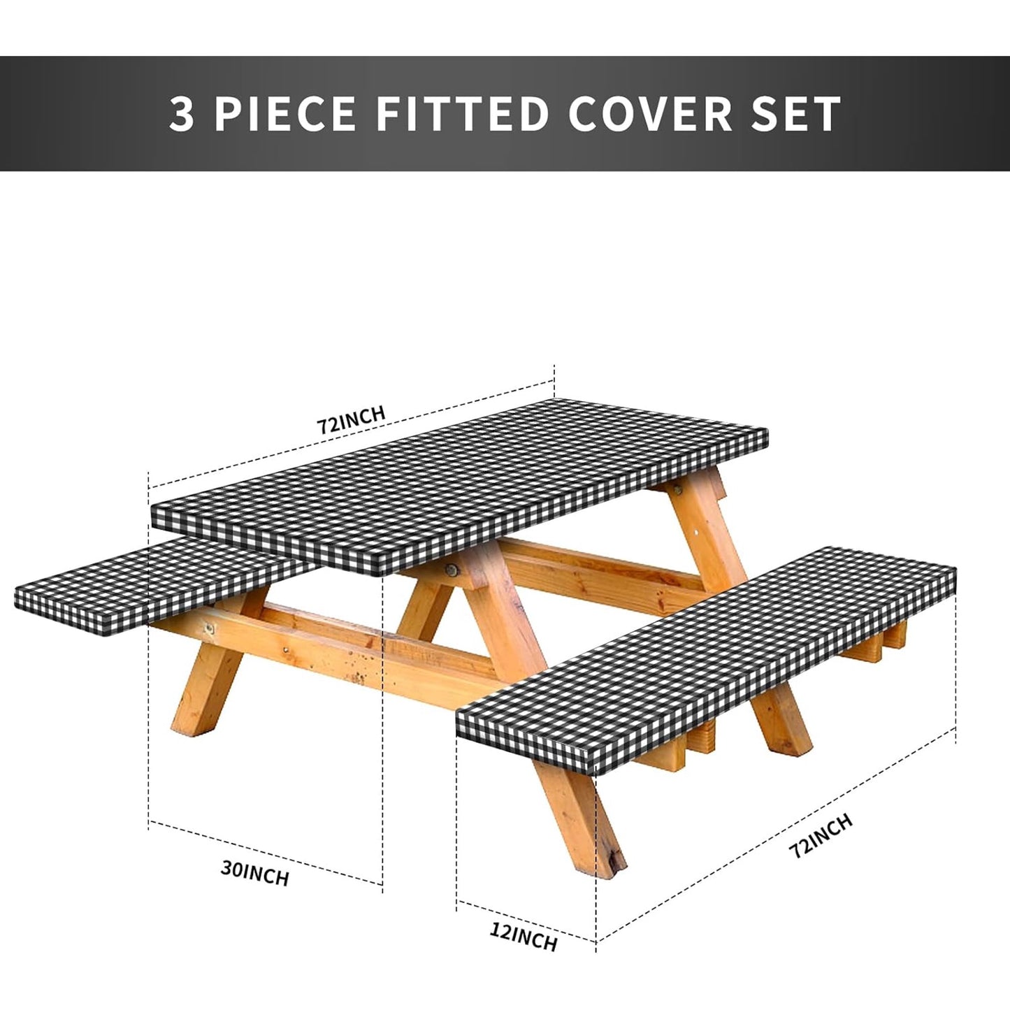 Vinyl Fitted Picnic Table Cover with Bench Covers & Bag, Waterproof Elastic Edges 72x30 Black