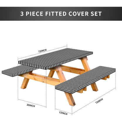 Vinyl Fitted Picnic Table Cover with Bench Covers & Bag, Waterproof Elastic Edges 72x30 Black