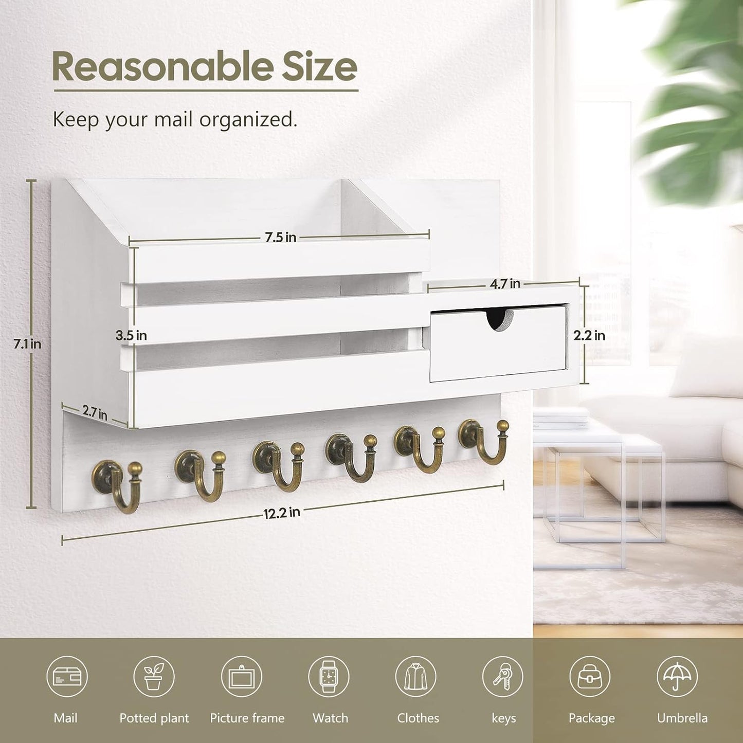 Key Holder for Wall,Dinosam Mail Organizer Wall Mount with Drawer,Mail Holder Shelf and 6 Sturdy Hooks,Hanging Key Rack Hanger for Entryway, Hallway, Bedroom, Living Room and Office，White