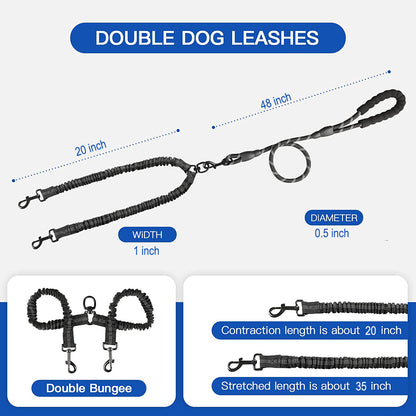 Double Dog Leash for 2 Dogs, Dual Dog Training Leash, Dinosam 360 Swivel No Tangle Walking Two Dog Leash for Dog Training, Shock Absorbing Bungee Double Leash for 2 Dogs, Black (25-150 lbs)