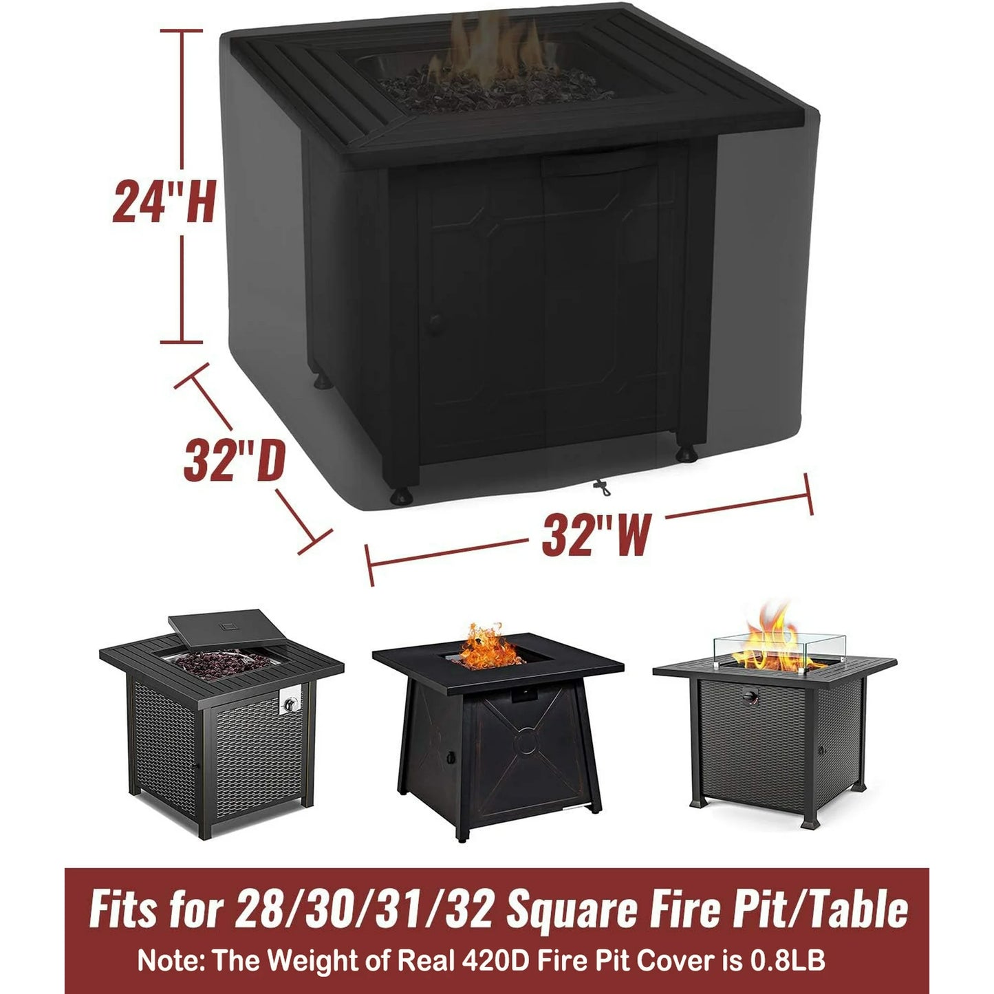Fire Pit Cover Square, Waterproof Heavy Duty 420D Gas Fire Pit Table Cover with PVC Coating,2 Handles, 2 Air Vents,100% Waterproof,Anti-Crack, 32 x 32 x 24 inch Fits for 29”,30",31",32", Weight: 0.8LB