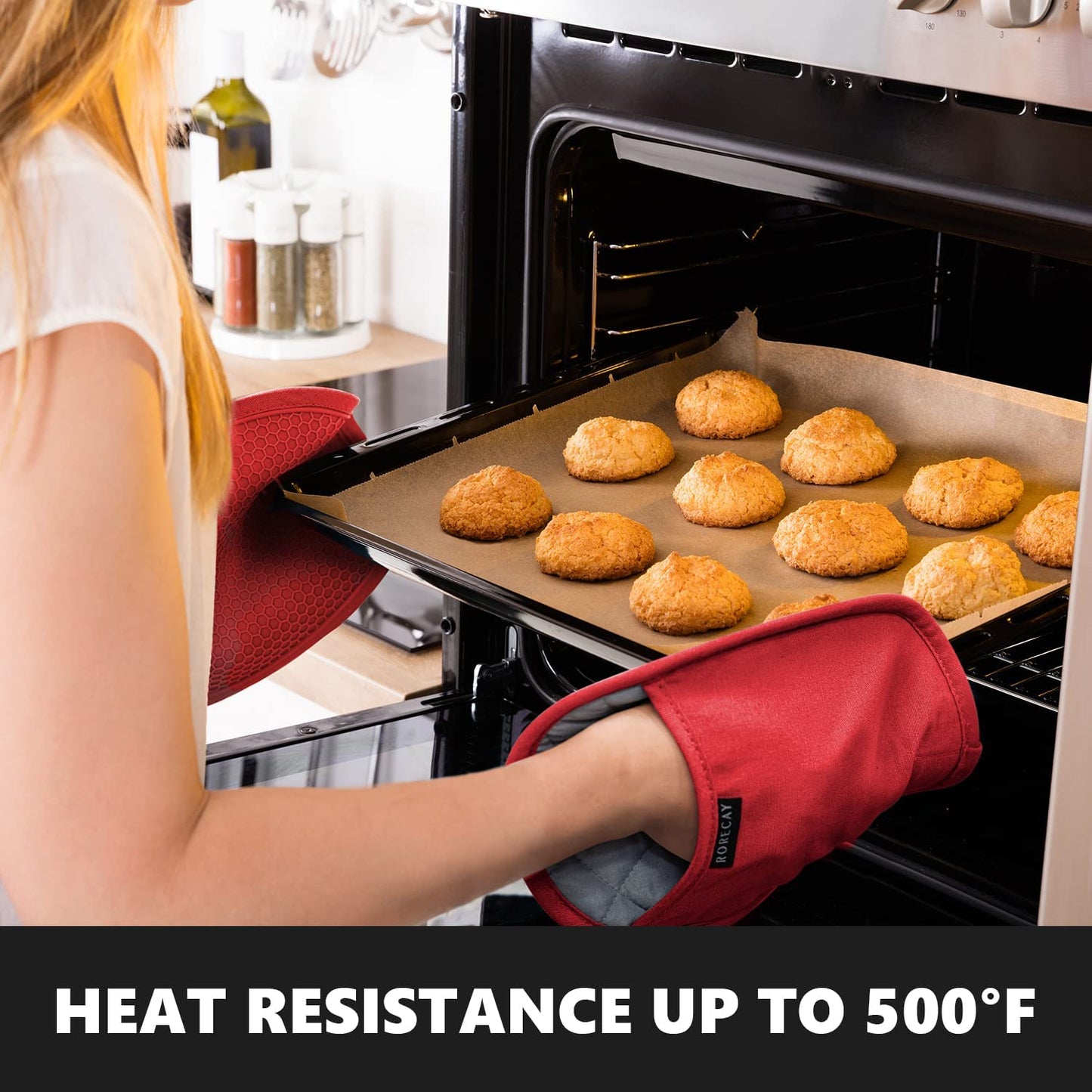 Rorecay Silicone Pot Holders Sets: Heat Resistant Oven Hot Pads with Pockets Non Slip Grip Large Potholders for Kitchen Baking Cooking | Quilted Liner | 9.8 x 7.6 Inches (Red, 2)