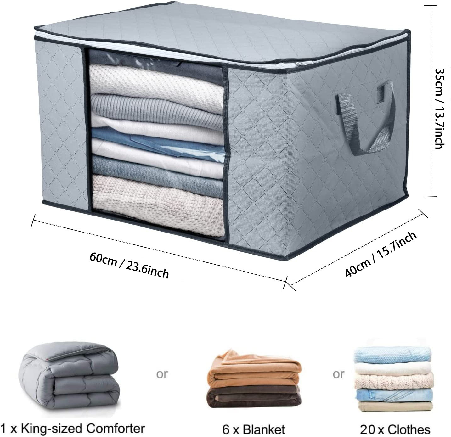 Clothes Storage, 3 Pack 84L Large Clothes Storage Bags, Foldable Closet Organizer Storage Containers with Reinforced Handle, Clear Window, Sturdy Zippers, Gray
