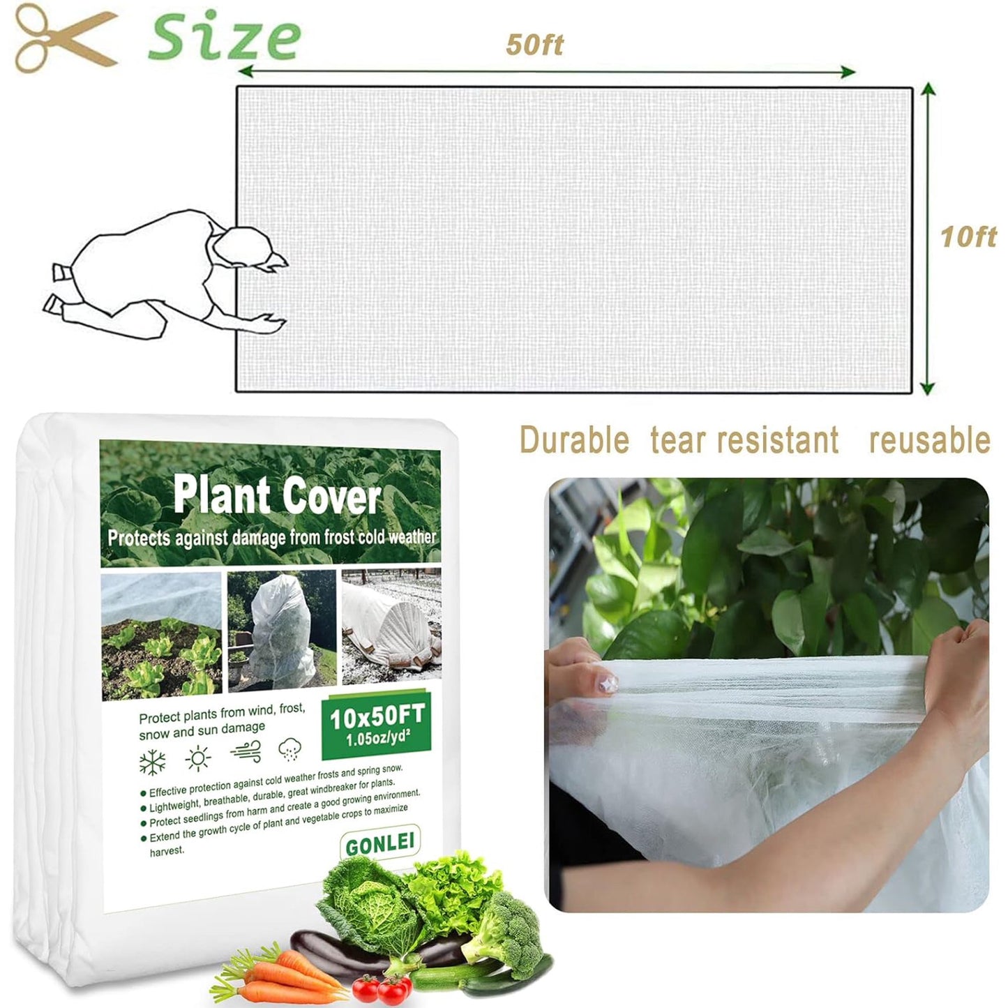 Plant Covers Freeze Protection 10x50ft（1.05 Oz/yd²） Garden Cover Plant Floating Row Cover,Vegetable Frost Blanket Winter Frost Cloth Plant Freeze Protection,Floating Blankets Fabric Plants