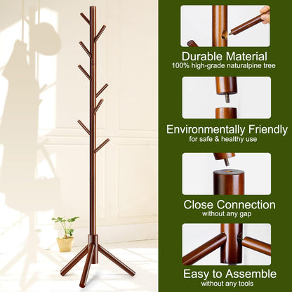 Coat Rack Stand Hat Rack Stand, Dinosam Wooden Coat Rack Freestanding Coat Hanger and Hat Holder with 8 Hooks, Sturdy Hat Hanger Entryway Hall Tree for Clothes/Bags/Hats, Elegant, Brown