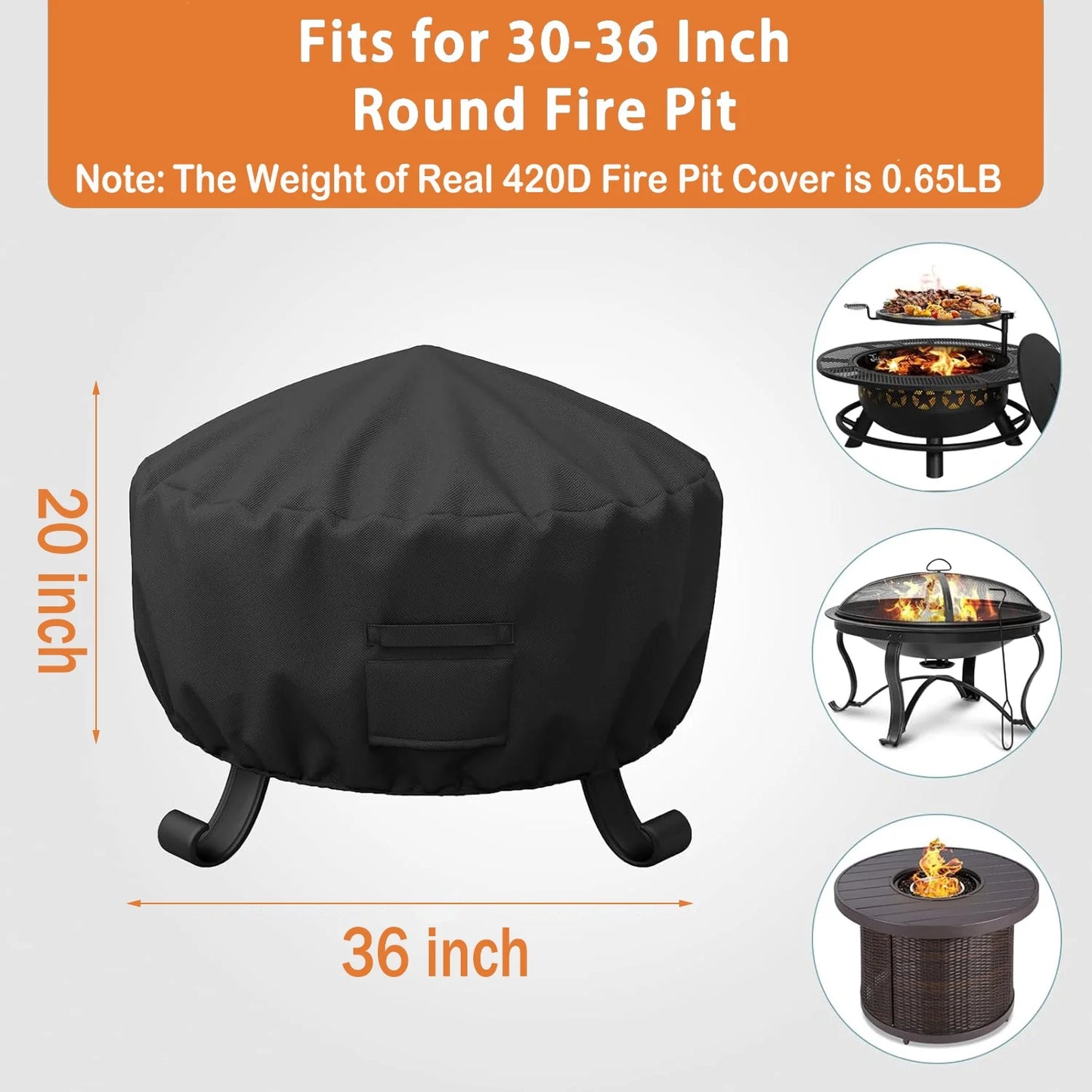 Fire Pit Cover Round for Fire Pit 30 Inch-36 Inch,420D Heavy Duty Outdoor Fire Pit Cover Full Coverage Patio Outdoor Fireplace Cover, Waterproof,Dustproof and Anti UV, 36" x 20",Black,Weight:0.65lb