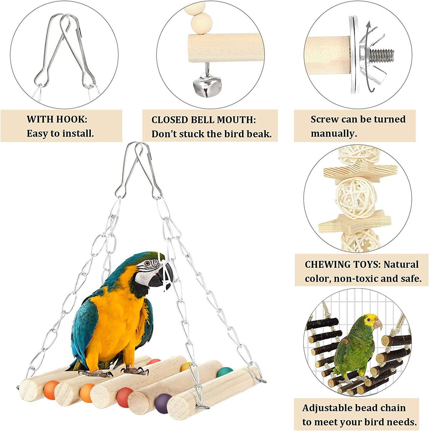 8 Pack Bird Toys for Parakeet Toys for Bird Cage Accessories Parakeets Swing Chewing Toys, Dinosam Wooden Bird Toys for Cage Parrots Toys, Bird Training Toys, Parrot Hanging Swing