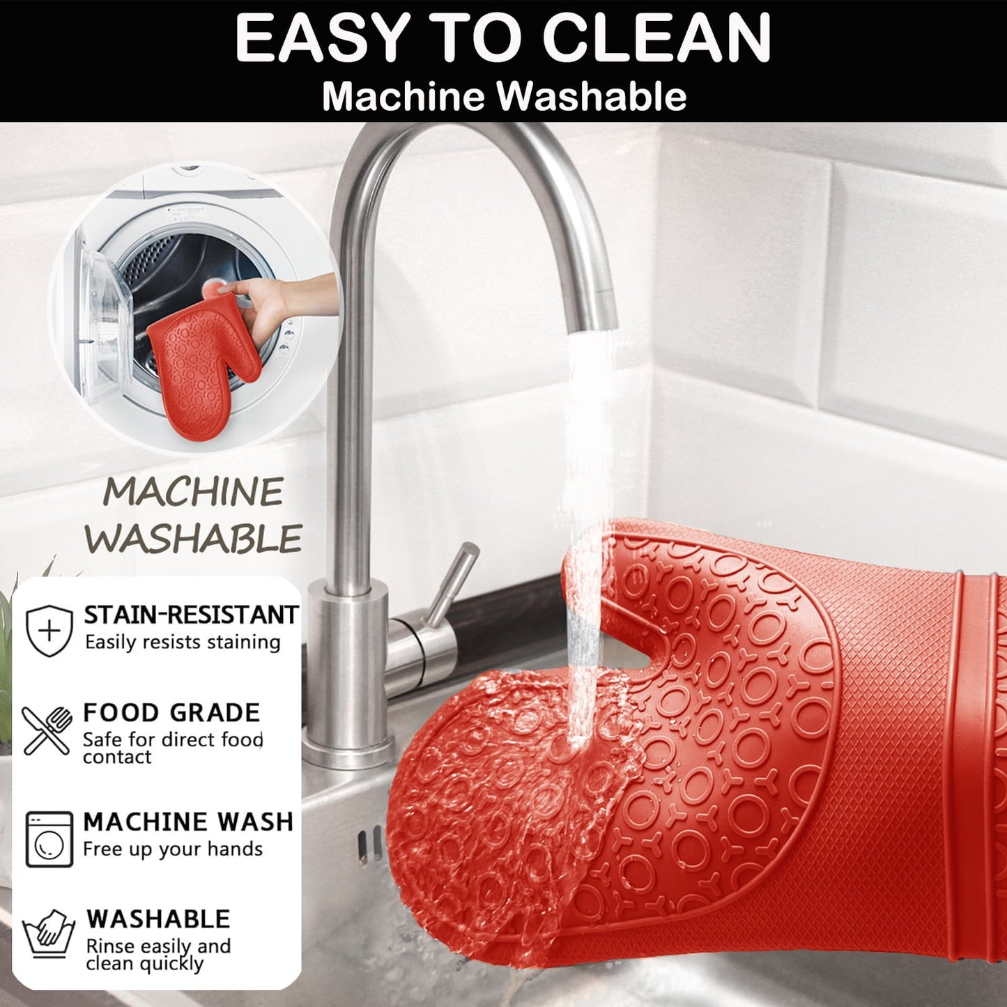 Oven Mitts and Pot Holders Sets,6pcs Pot Holders and Oven Mitts Heat Resistant, Non-Slip Silicone Mini Oven Gloves and Hot Pads for Kitchen,15" Extra Long Oven Gloves for Cooking,Red