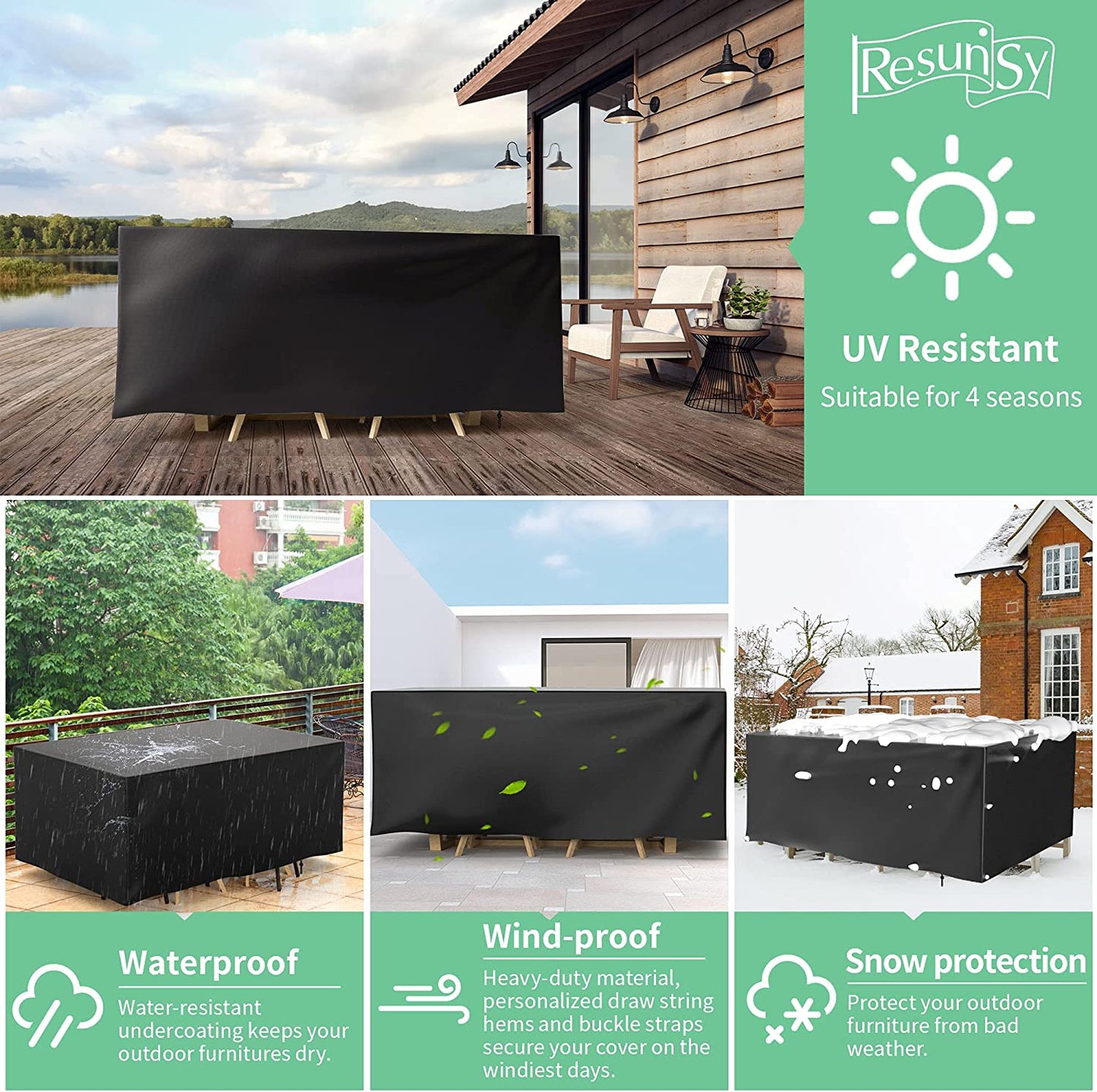 Patio Furniture Covers Waterproof, Outdoor Furniture Set for Winter, Durable Outdoor Furniture Covers with 4 Windproof Buckles,Black Patio Table Cover Fits