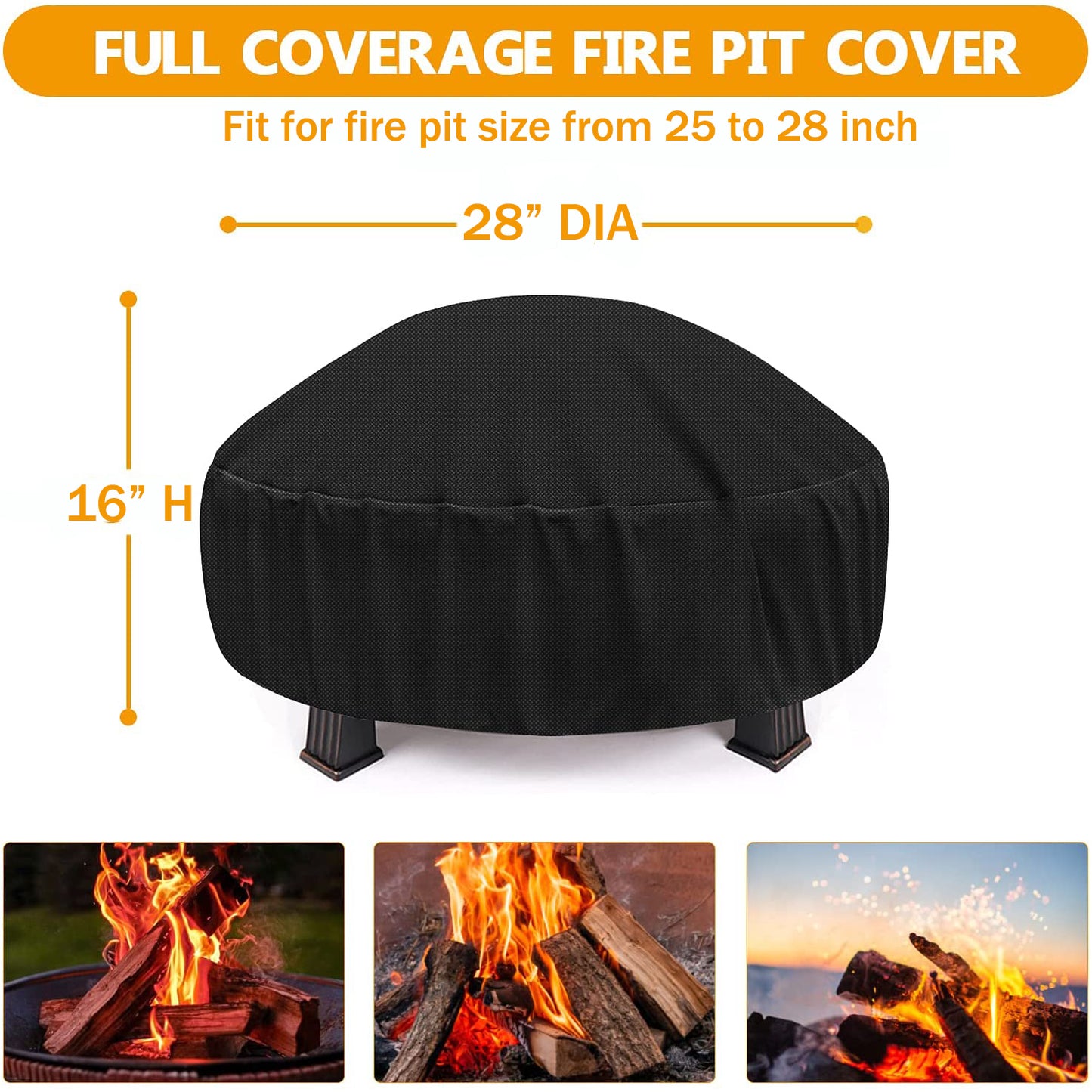 Fire Pit Cover Round for Gas Fire Pit Cover Fits 24/26/28 in Outdoor Fireplace Cover with Adjustable Drawstring and a Storage Bag,28" x 16"Outdoor Fire Pit Cover