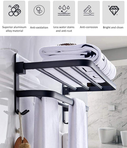 Bathroom Towel Rack Towel Shelf with Double Towel Bars Lavatory Wall Mount Holder with Hooks Stainless Steel Hotel Bath Rack (Matte Black 20 inches)