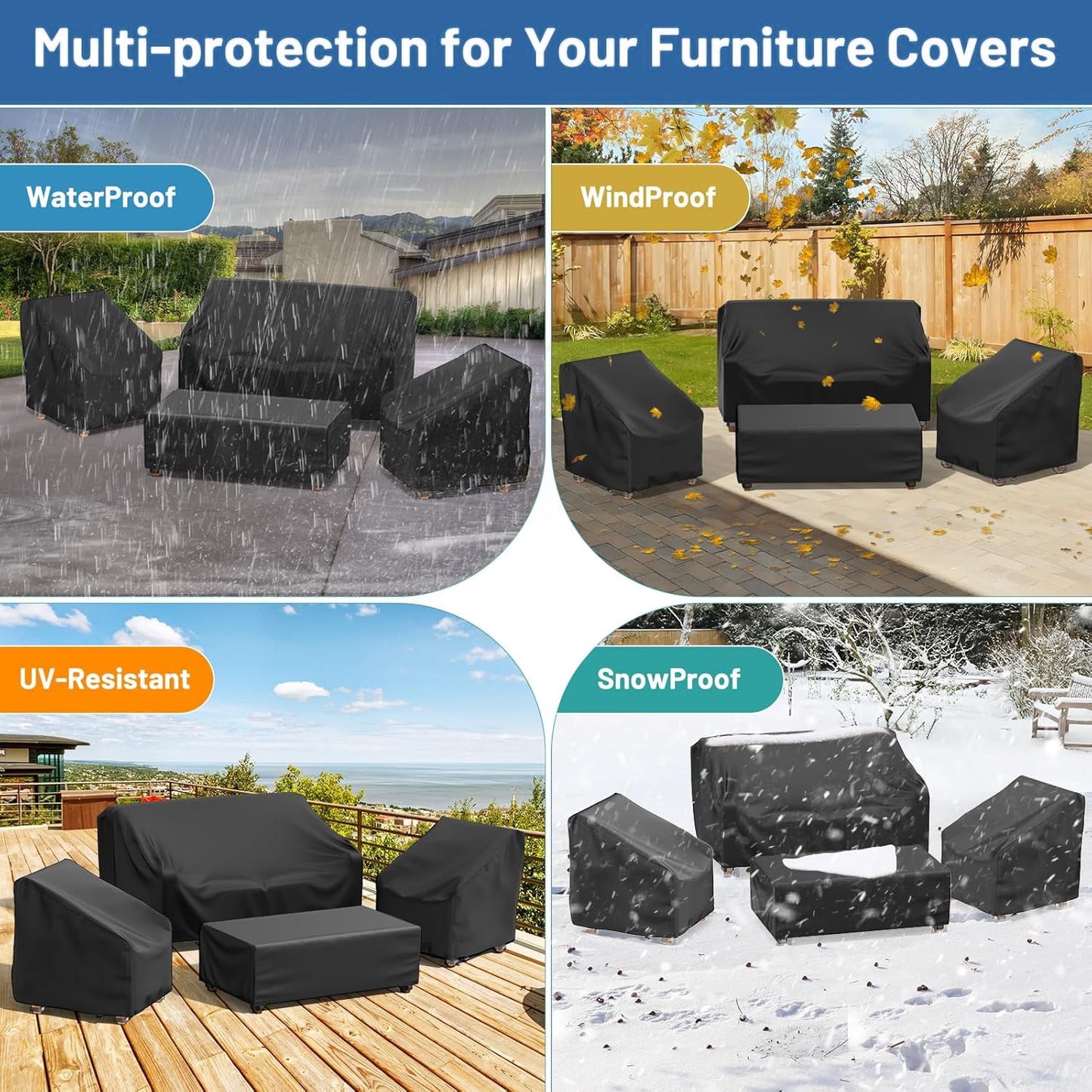 Patio Furniture Covers for Winter, 4 Piece Outdoor Furniture Covers Waterproof, 420D Heavy Duty Tear-Resistant Patio Chair Covers with Windproof Buckle Strap and Adjustable Drawstring