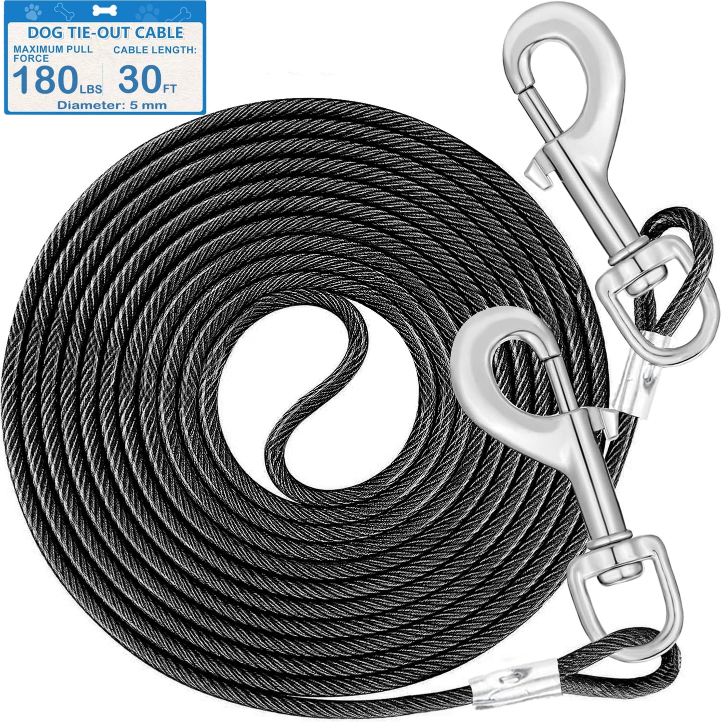 30ft Tie Out Cable for Dogs Up to 180LBS Dog Leads for Yard- and Camping No Tangle Rust Proof Training Dog Cable Can Use to Dog Chain for Yard Dogtie Out Cable Ample Length for Freedom Black