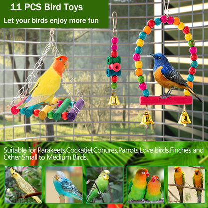 11PCS Bird Toys Parakeet Toys,Dinosam Colorful Parrot Toy for Small Parakeets Cockatiels Conures Finches Swing Chewing Hanging Bell Cage Hammock Toy