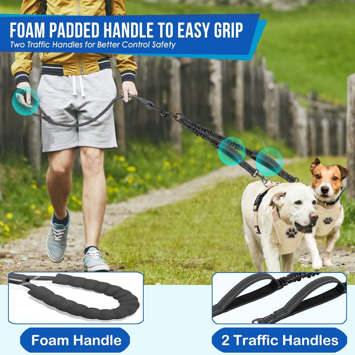 Double Dog Leash with Two Extra Handles, 360 Swivel No Tangle Dual Dog Walking Leash, Comfortable Shock Absorbing Reflective Bungee for Two Dogs (18~120 lbs, Black)