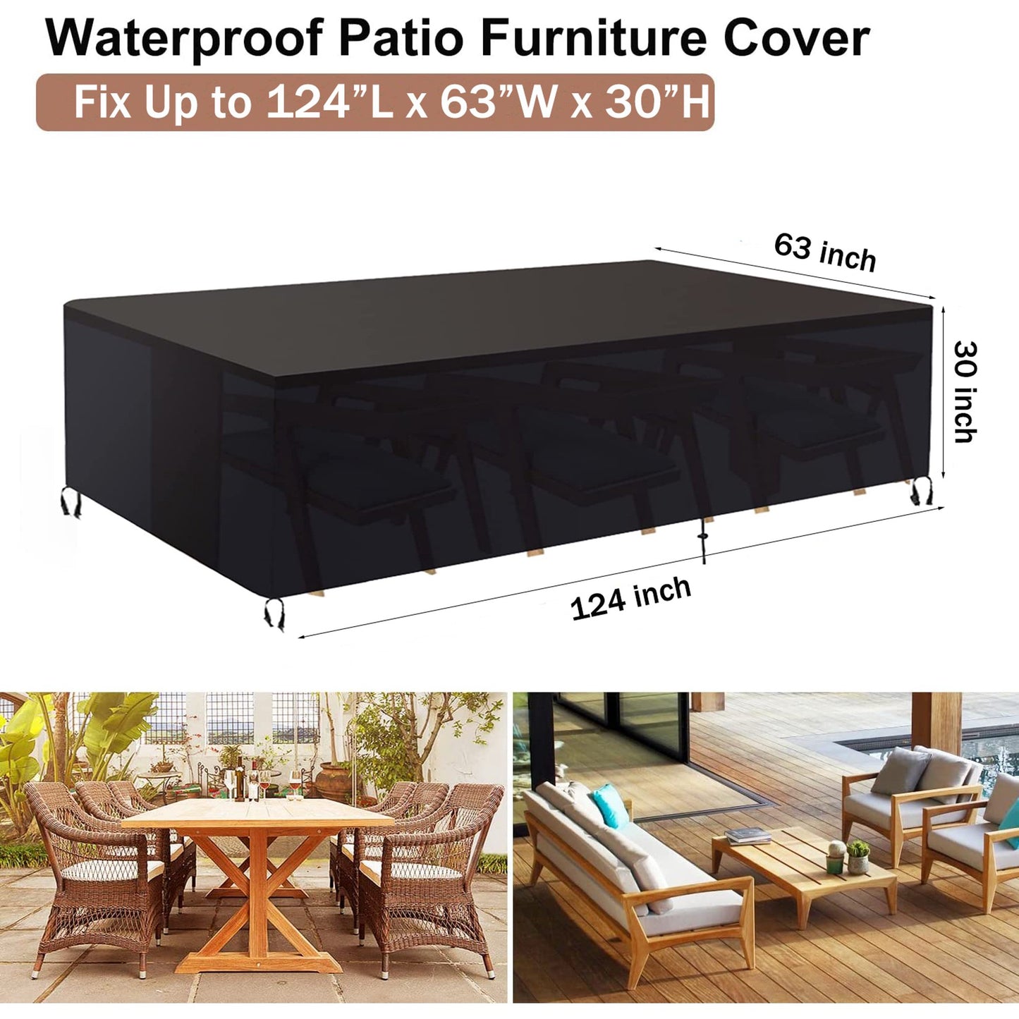 Patio Furniture Cover Waterproof, Outdoor Furniture Cover for Winter, Dinosam Durable Outdoor Furniture Cover with 4 Windproof Buckles,Black Patio Table Cover Fits