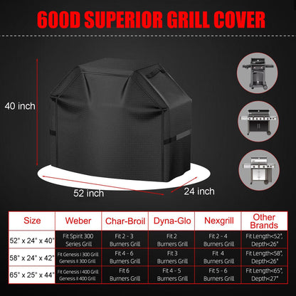 Grill Cover for Outdoor Grill,600D Heavy Duty Waterproof Oxford Fabric BBQ Cover,52" Gas Grill Covers for Outside with Adjustable Drawstring & Strip,2 Handles,Storage Bag,Windproof, UV Protection