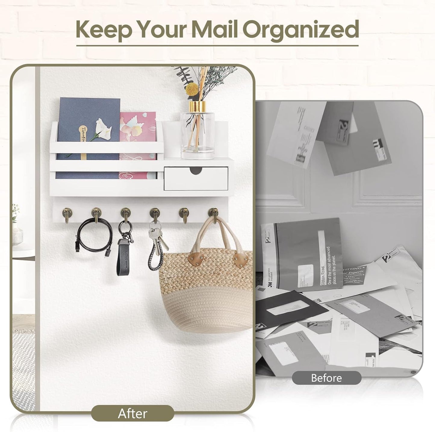 Key Holder for Wall,Dinosam Mail Organizer Wall Mount with Drawer,Mail Holder Shelf and 6 Sturdy Hooks,Hanging Key Rack Hanger for Entryway, Hallway, Bedroom, Living Room and Office，White