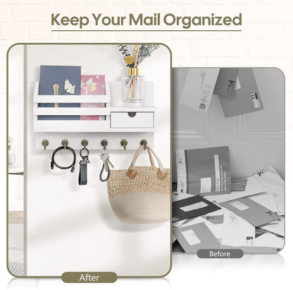 Key Holder for Wall,Dinosam Mail Organizer Wall Mount with Drawer,Mail Holder Shelf and 6 Sturdy Hooks,Hanging Key Rack Hanger for Entryway, Hallway, Bedroom, Living Room and Office，White