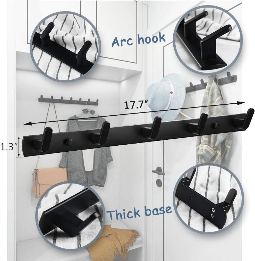 Coat Rack Wall Mount with 5 Hooks, Black Wall Coat Hooks, Dinosam Wall Mounted Modern Coat Rack, Aluminum Coat Hooks Hat Hooks Suitable for Living Room Entrance, Bedroom, Kitchen, Bathroom