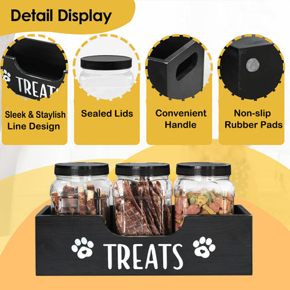 Dog Treat Container with 3 Plastic Dog Treat Jar, Dog Food Storage Container with Wooden Stand, Airtight Pet Food Storage Containers for Dogs and Cats, Dog Snacks Treat Organizer for Kitchen Counter