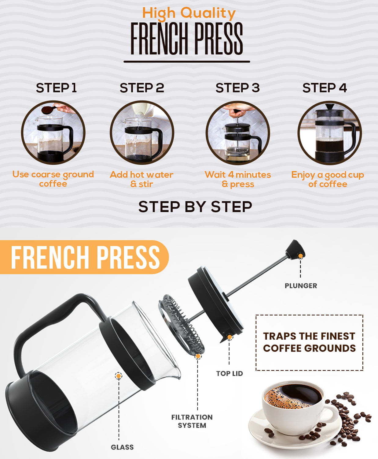 21 Ounce French Press Coffee Maker, 4-Cup Espresso Coffee Maker, Grey Cold Brew Heat Resistant Thickened Borosilicate Coffee Pot with 3 Stainless Steel Filtration System