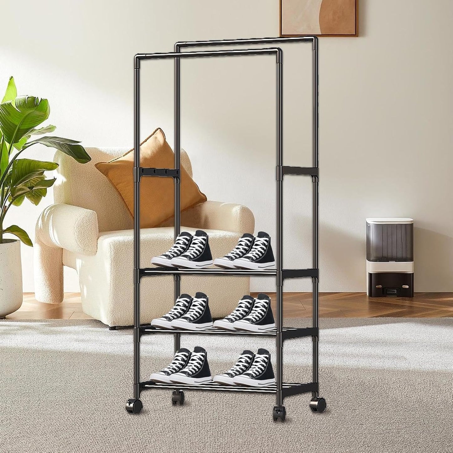 Double Rail Clothes Rack, Domaci Coat and Shoe Rack Entryway Hall Tree, Heavy Duty Clothes Drying Rack, Metal Double Rod Clothing Garment Rack Coat Rail Black