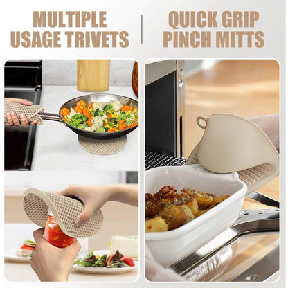 Extra Long Oven Mitts and Pot Holders Sets, RORECAY Heat Resistant Silicone Oven Mittens with Mini Oven Gloves and Hot Pads Potholders for Kitchen Baking Cooking, Quilted Liner, Milkshake, Pack of 6
