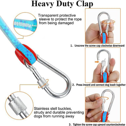 50ft Dog Tie Out Cable for Camping with 10ft Dog Lead for Dog Run,Long Leash for Dogs Outside Reflective Dog Chains for Outside with 360° Tangle Free &Heavy-Duty Clasp for Dogs Up to 125 Lbs