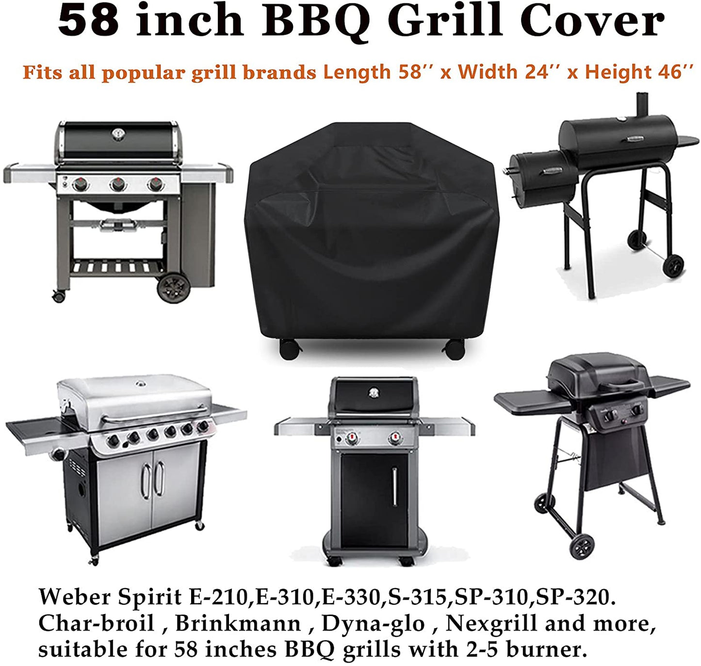 Grill Cover 58 inch, Heavy Duty Waterproof Gas Grill Cover, UV and Fade Resistant BBQ Cover for Grills up to 56-in Width, Black