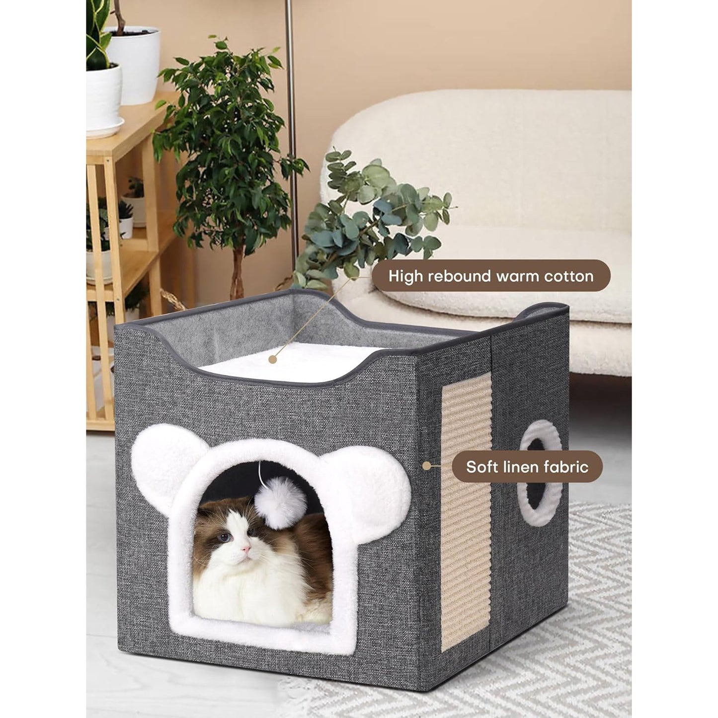 Cat Houses for Indoor Cats,Large Cat Cave with Fluffy Ball and Scratch Pad, Covered Cat Bed House, Foldable Cat Hideaway, 15.8”x15.8”x15.2”