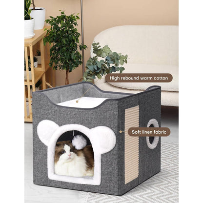 Cat Houses for Indoor Cats,Large Cat Cave with Fluffy Ball and Scratch Pad, Covered Cat Bed House, Foldable Cat Hideaway, 15.8”x15.8”x15.2”