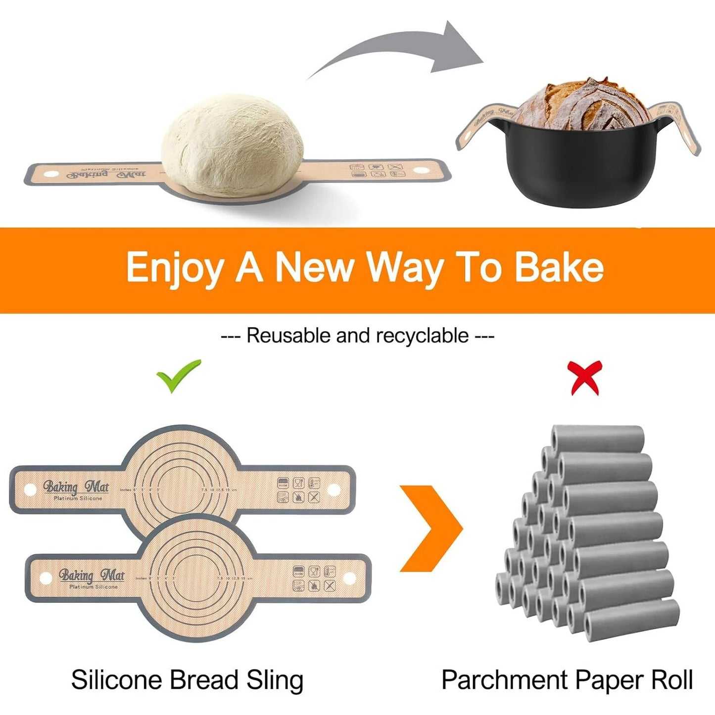 Silicone Bread Sling for Dutch Oven, 2Pcs Non-Stick Silicone Baking Mat Sling Heat Resistant Gray Dutch Oven Liner with Long Handle Reusable Silicone Baking Sheets for Transfer Dough Baking
