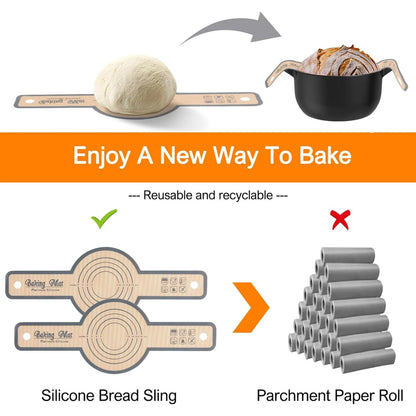Silicone Bread Sling for Dutch Oven, 2Pcs Non-Stick Silicone Baking Mat Sling Heat Resistant Gray Dutch Oven Liner with Long Handle Reusable Silicone Baking Sheets for Transfer Dough Baking