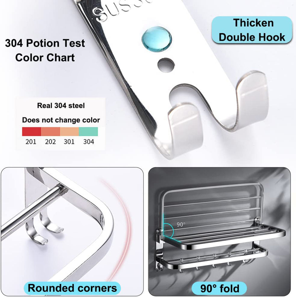 Towel Rack for Bathroom with Towel Bar,16in Bathroom Towel Holder for Bathroom Wall Mounted,Dinosam Foldable Bathroom Towel Rack with 1 Shelf 304 Stainless Towel Bar,Polished Silver