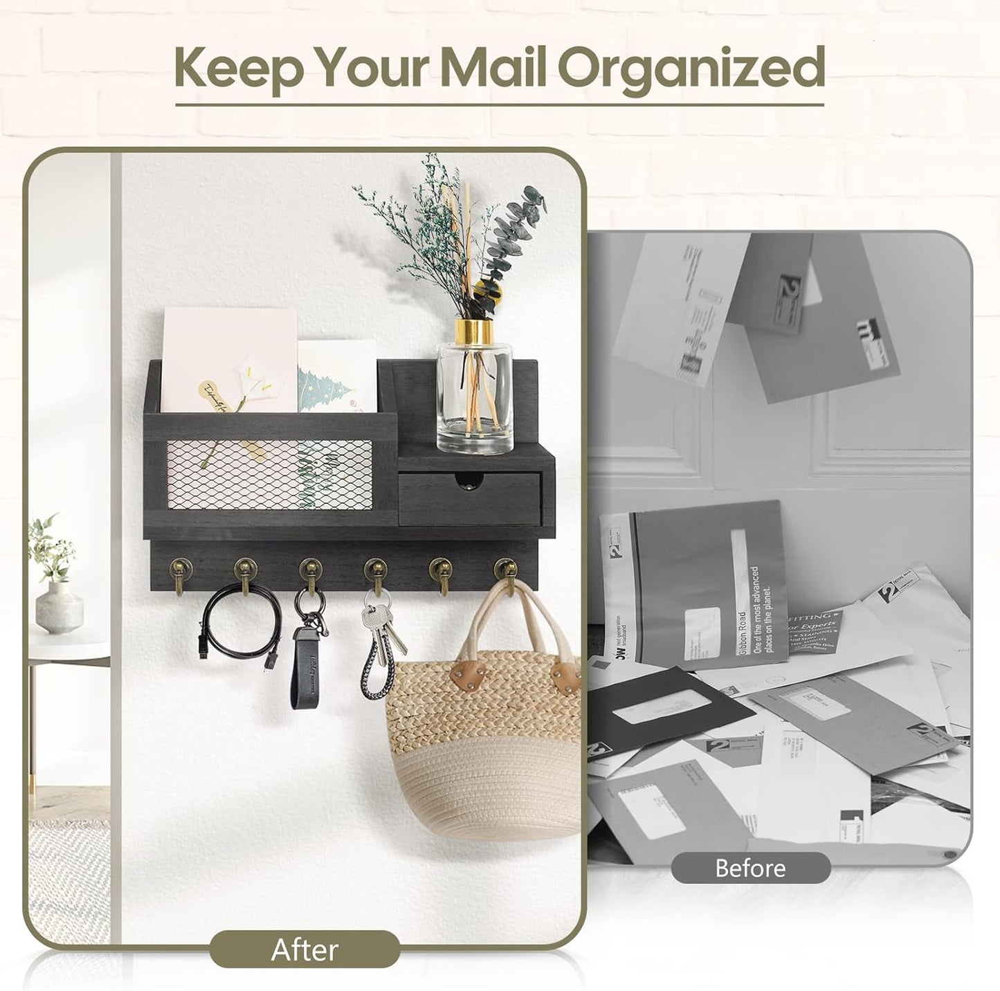 Key Holder for Wall,Dinosam Updated Mail Organizer Wall Mount with Drawer,Mail Holder Shelf and 6 Sturdy Hooks,Hanging Key Rack Hanger for Entryway, Hallway, Bedroom, Living Room and Office,Black