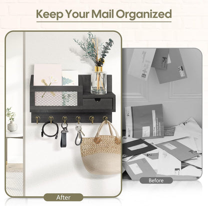 Key Holder for Wall,Dinosam Updated Mail Organizer Wall Mount with Drawer,Mail Holder Shelf and 6 Sturdy Hooks,Hanging Key Rack Hanger for Entryway, Hallway, Bedroom, Living Room and Office,Black