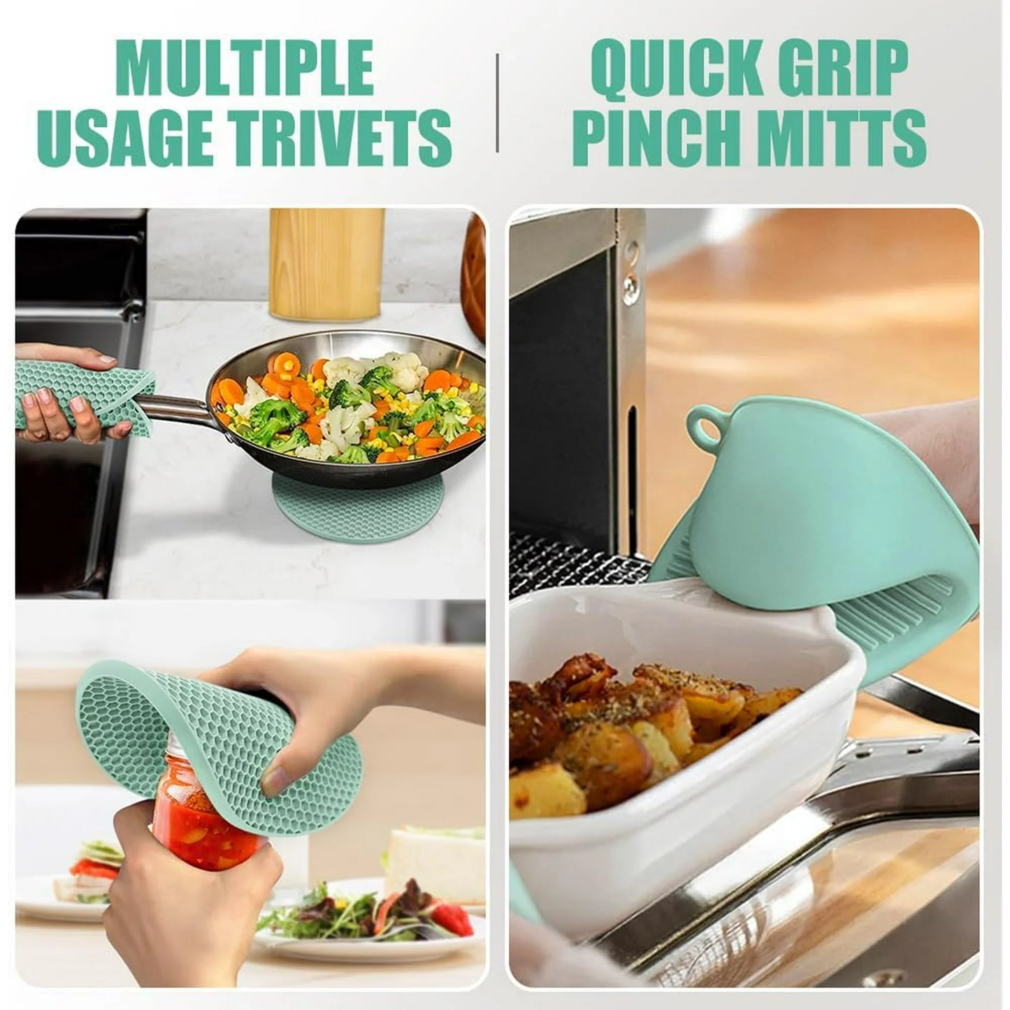Extra Long Oven Mitts and Pot Holders Sets, RORECAY Heat Resistant Silicone Oven Mittens with Mini Oven Gloves and Hot Pads Potholders for Kitchen Baking Cooking, Quilted Liner, Bermuda Teal, Pack of 6